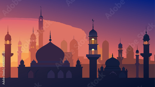 Silhouette of islamic mosque at sunset