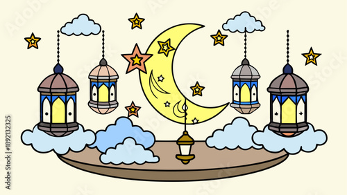 Whimsical night sky with lanterns and crescent moon