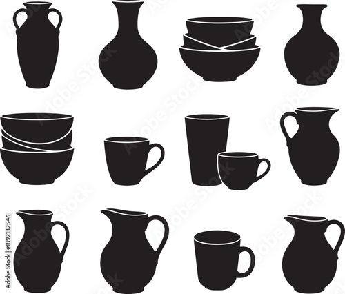 Black silhouettes of ceramic kitchenware on white background vases