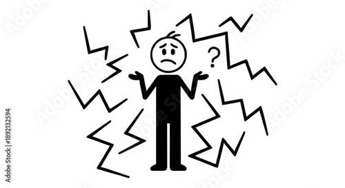Confused stick figure surrounded by lightning bolts and question mark.
