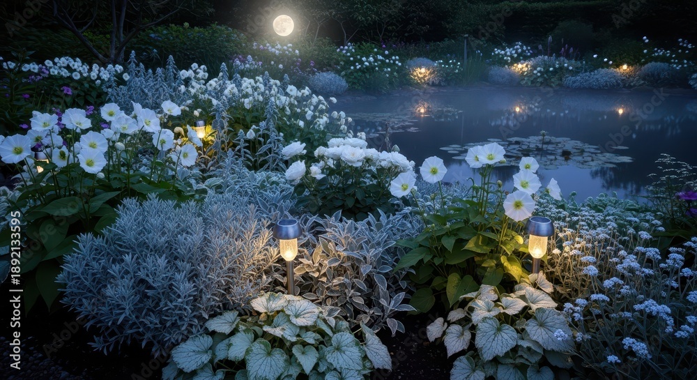 Fototapeta premium Illuminating nighttime garden scene features bright full moon above a misty pond surrounded by white blossoms