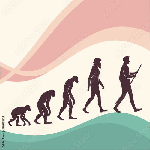 Human evolution silhouettes on wavy background smooth transition