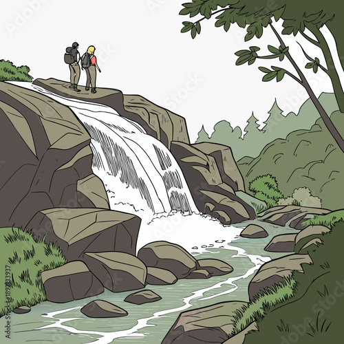 Cartoon of hikers standing by rocky waterfall backpackers