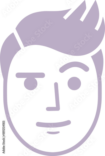 "Minimalist purple face illustration with winking eye, pointed hairstyle, and playful expression for abstract avatar, branding, and visual communication design"