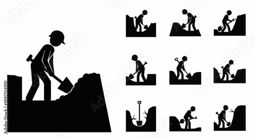Construction Worker Digging With Shovel and Multiple Digging Actions.