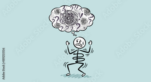 Confused stick figure with swirling thoughts and anxiety.
