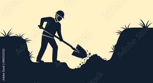 Construction worker digging a trench with a shovel.