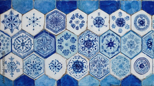Artistic Hexagonal Tile Pattern with Blue and White Floral Designs Decorative Wall Mosaic Background in Flat Lay Perspective