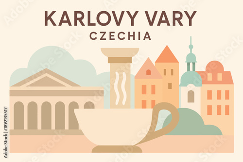 karlovy vary czechia,spa town illustration,wellness travel concept,historic architecture design,thermal spa