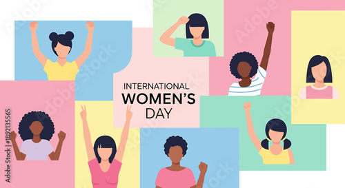 Diverse women celebrating International Women's Day with raised fists and hands, symbolizing empowerment and solidarity.