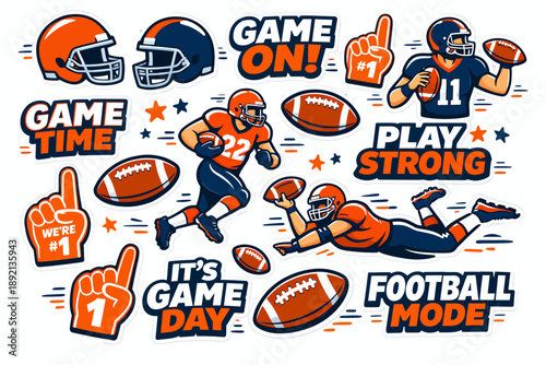 A vibrant collection of American football-themed illustrations featuring players, helmets, balls, and motivational phrases in a dynamic cartoon style.