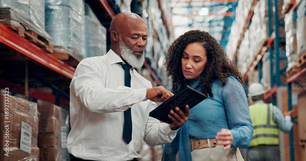 Obraz premium Logistics, manager and people with tablet, scroll or checking stock distribution schedule on website. Reading, mature man and woman with tech for delivery update, shipping or collaboration in factory