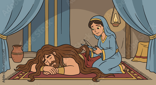 Cartoon style flat vector illustration of Samson and Delilah, depicting Delilah cutting Samson’s hair while he sleeps, exaggerated hair length for clear symbolism, simple tent. Bible story