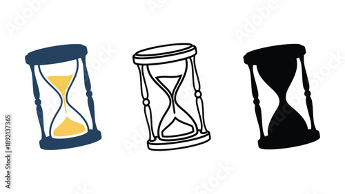 Three hourglasses in different colors on a white background