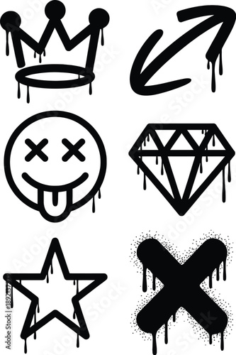 Graffiti style black of crown star diamond smiley face and x