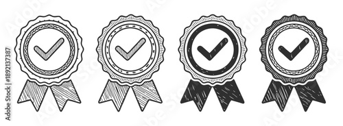 Four Hand-Drawn Checkmark Badges with Ribbons