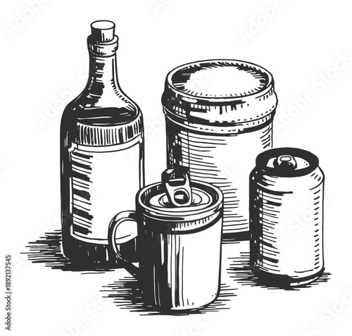 Vintage of Assorted Beverage Containers: Bottle, Cans, and Mug