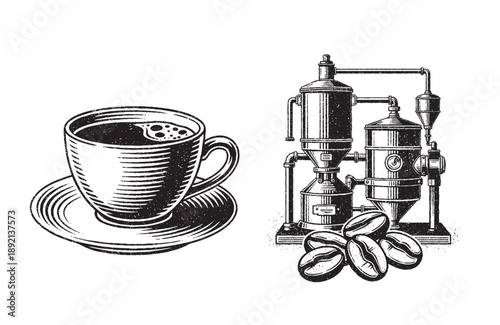 coffee cup and coffee industrial coffee maker engraving vector