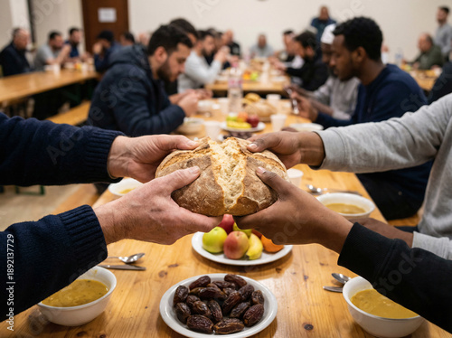Family Iftar meal breaking fast together during Ramadan dinner table Islamic tradition celebration
