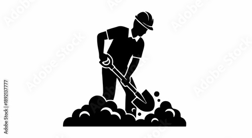 Construction worker digging with shovel silhouette.