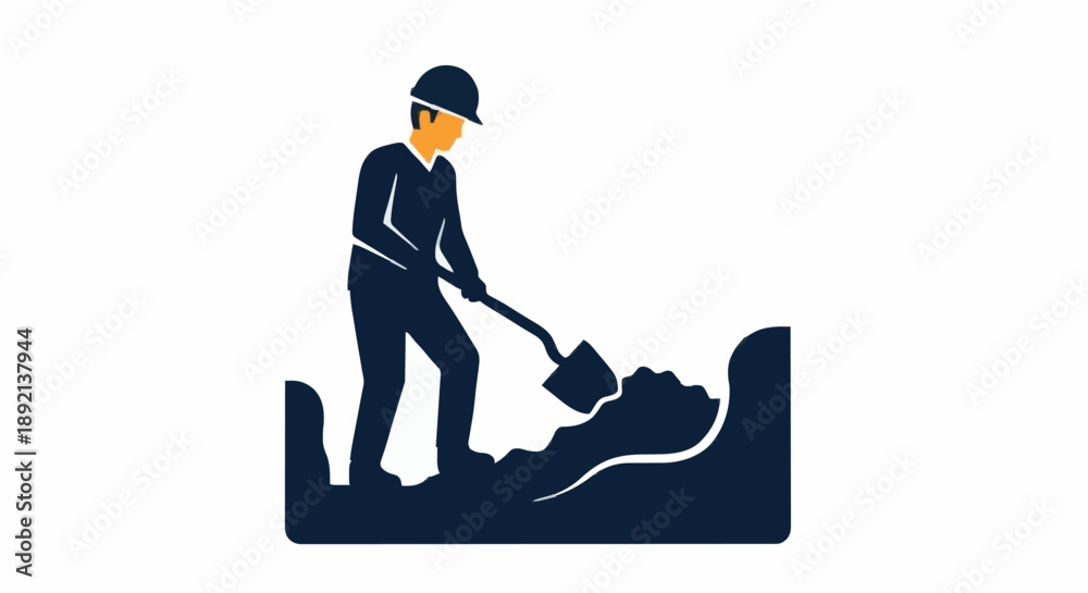 Obraz premium Construction worker digging with shovel on site.