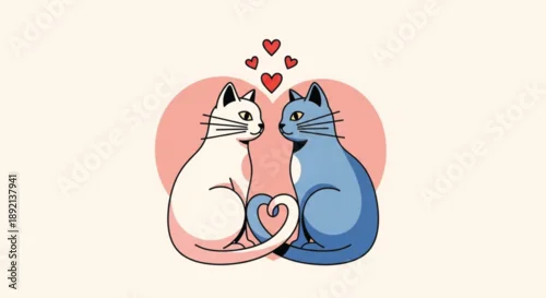 Fototapeta Romantic Couple Cats Forming Heart Tail Valentine Love Illustration