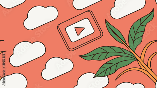 Playful youtube logo with clouds and leaves