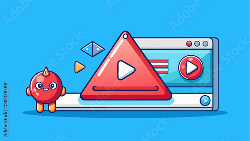 Cute red devil character with video play button