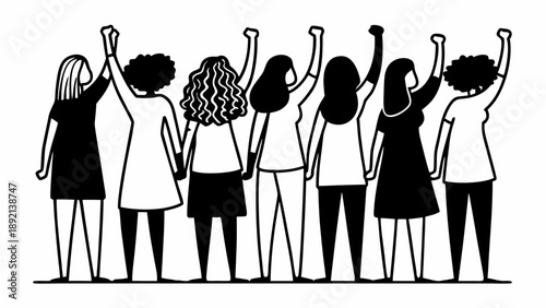 Diverse group of women standing together in solidarity, raising their fists in protest, unity, and empowerment, from a rear viewpoint