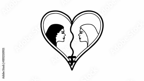 Illustration of two faces in profile facing each other inside a heart-shaped frame