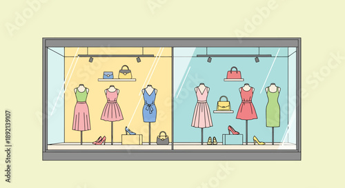 Fashion Display Window Featuring Dresses and Handbags on Mannequins and Shelves in Retail Storefront for Boutique Shopping Experience
