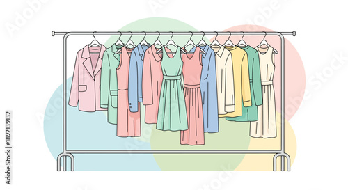 Spring Wardrobe Collection Displayed On A Metal Rack With Pastel Colored Clothing Items Organized And Ready For Wear