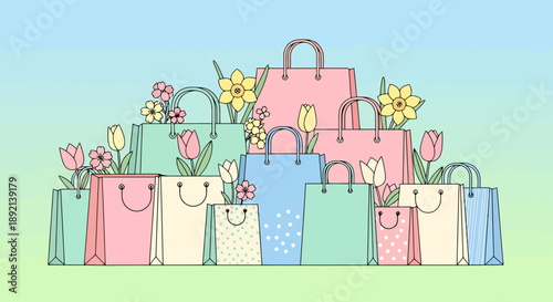 Assortment Of Colorful Shopping Bags With Spring Flowers Creating A Festive Retail Display For Promotions And Celebrations