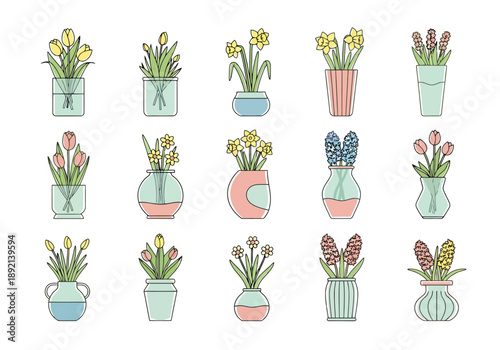 Collection of Spring Flowers Growing in Various Decorative Vases and Containers Isolated on White Background A Variety of Tulips Daffodils and