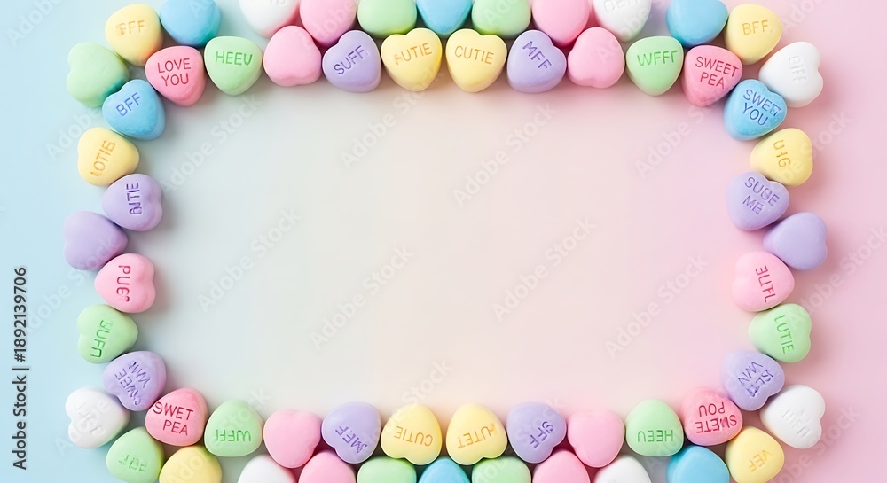 Obraz premium Colorful Conversation Heart Candies Forming a Square Frame on Pastel Background