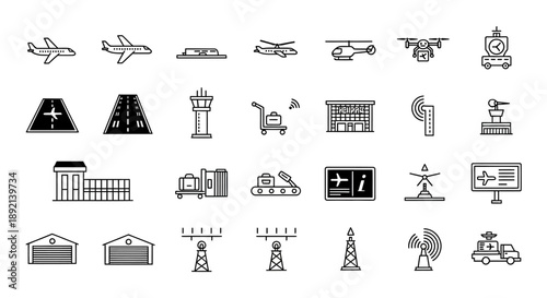 Black silhouette icon set illustrating transportation, infrastructure, and city related symbols including buildings, vehicles, roads, and urban elements. This collection represents smart cities, trans
