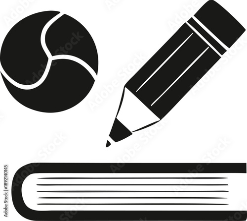 Tennis ball, pencil, and notebook