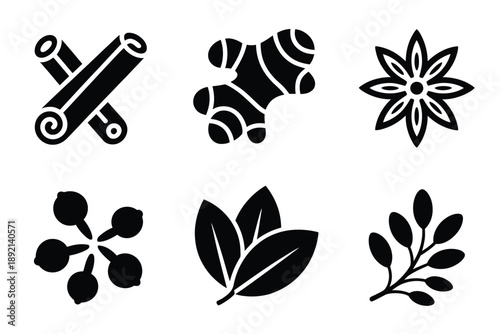 Black and white illustration depicting various spice and herb icons