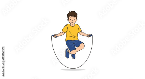 Happy young boy in a yellow t-shirt and blue shorts having fun while exercising by jumping with a skipping rope.