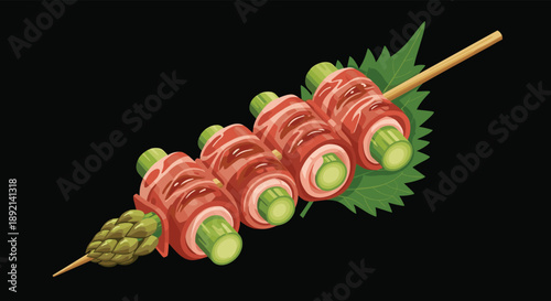 Grilled skewer of fresh asparagus spears wrapped in savory bacon, a delicious appetizer served on a shiso leaf.
