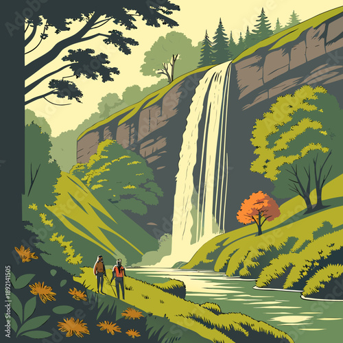 Of hikers viewing tall cascading waterfall in forest valley