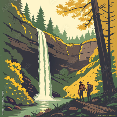 Tall cascading waterfall in forest valley with hikers