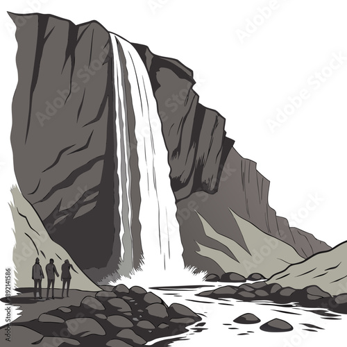 Gray of tall mountain waterfall flowing over rocky cliff with people standing on rocks