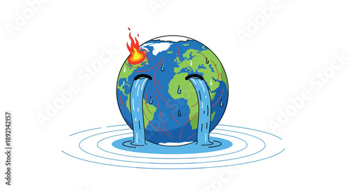 Conceptual illustration of planet Earth crying waterfalls of tears with fires on top, symbolizing global warming and climate change.