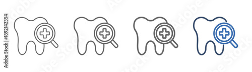
Outline icon set of dental check up with tooth design, plus sign and loupe