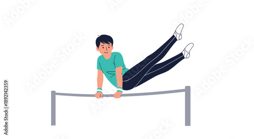 Young male gymnast in sportswear performing a difficult element on the horizontal bar, showcasing strength and flexibility in sports.