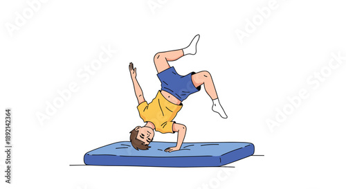 Energetic young boy in casual clothes performing a breakdance freeze move on a blue mat, showcasing hip-hop dance culture.