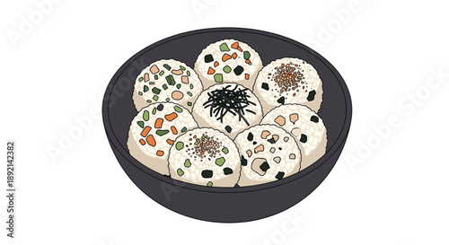 A dark bowl filled with various Japanese rice balls, onigiri or musubi, with different toppings like seaweed and sesame seeds.