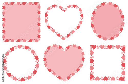 赤とピンクの小さなハートで囲まれたフレーム6種セット ガーリーでフェミニンな装飾枠素材 メッセージやイベントに使えるイラストセット