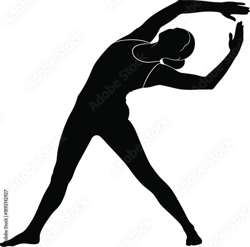Silhouette of a woman performing a side bend stretch with legs wide apart showcasing flexibility and core strength in a minimalist graphic design style perfect for fitness content creation.